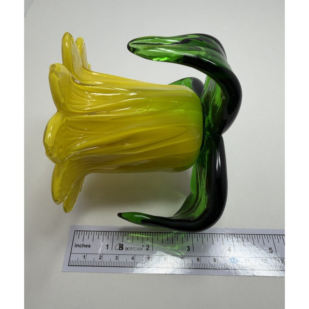 Hand Blown Art Glass Flower Candle Holder Yellow Green Vintage Art Deco - Picture 7 of 8